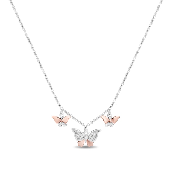 Enchanted Disney Mulan 1/10 CT. T.w. Diamond Butterflies Necklace in Sterling Silver and 10K Rose Gold