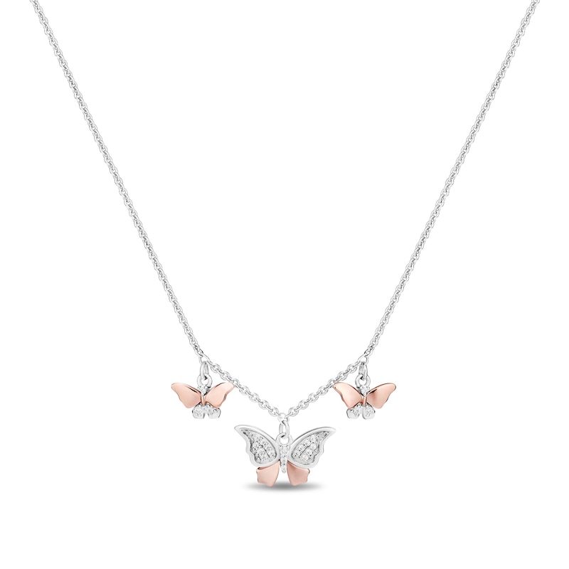 Enchanted Disney Mulan 1/10 CT. T.W. Diamond Butterflies Necklace in Sterling Silver and 10K Rose Gold