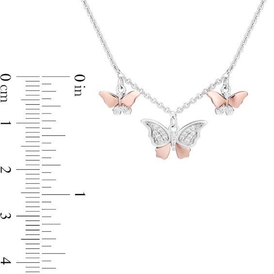 Enchanted Disney Mulan 1/10 CT. T.w. Diamond Butterflies Necklace in Sterling Silver and 10K Rose Gold