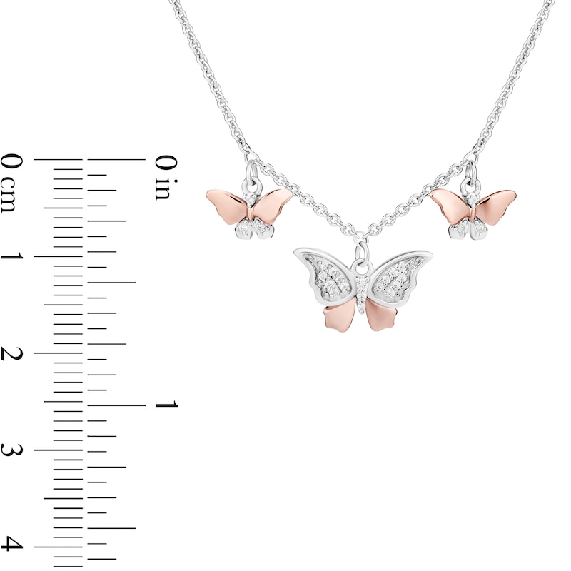 Enchanted Disney Mulan 1/10 CT. T.W. Diamond Butterflies Necklace in Sterling Silver and 10K Rose Gold