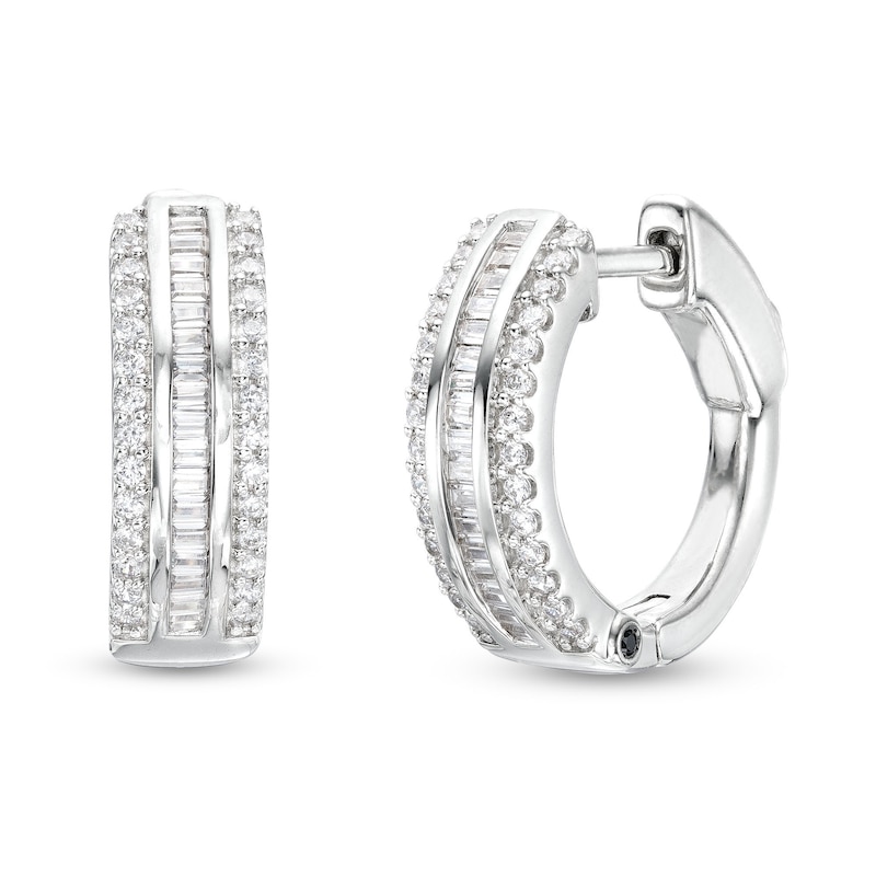 Main Image 1 of Marilyn Monroe™ Collection 3/4 CT. T.W. Baguette and Round Diamond Edge Huggie Hoop Earrings in 10K White Gold