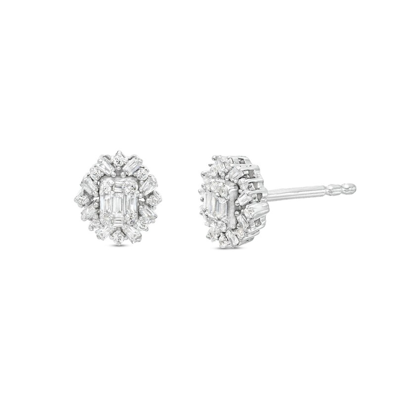 Main Image 1 of Marilyn Monroe™ Collection 1/4 CT. T.W. Emerald Multi-Diamond Starburst Frame Stud Earrings in 10K White Gold