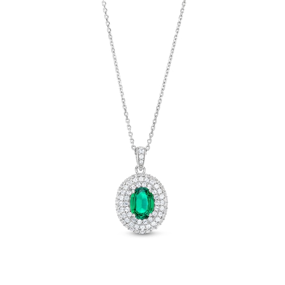 Oval Lab-Created Emerald and White Lab-Created Sapphire Layered Frame Pendant in Sterling Silver