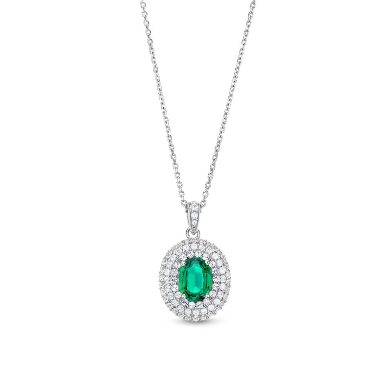 Main Image 1 of Oval Lab-Created Emerald and White Lab-Created Sapphire Layered Frame Pendant in Sterling Silver