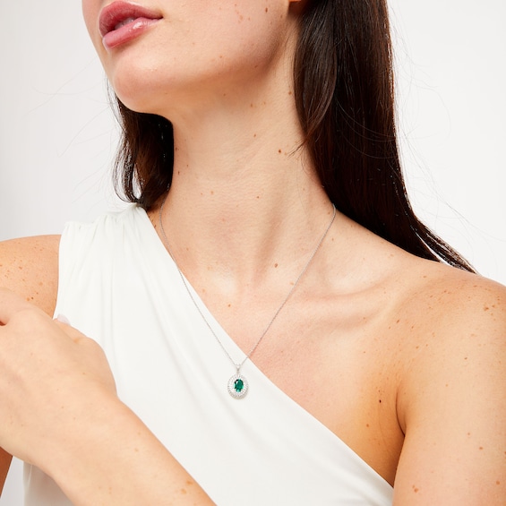 Oval Lab-Created Emerald and White Lab-Created Sapphire Layered Frame Pendant in Sterling Silver