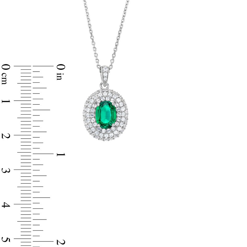 Main Image 3 of Oval Lab-Created Emerald and White Lab-Created Sapphire Layered Frame Pendant in Sterling Silver