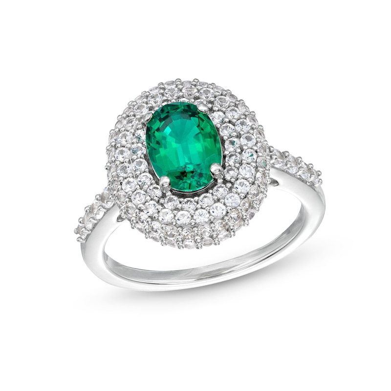 Main Image 1 of Oval Lab-Created Emerald and White Lab-Created Sapphire Layered Frame Ring in Sterling Silver