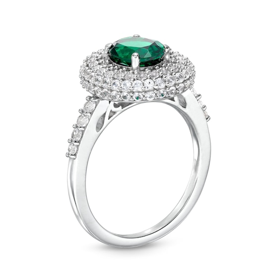 Oval Lab-Created Emerald and White Lab-Created Sapphire Layered Frame Ring in Sterling Silver