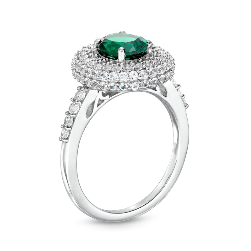 Main Image 3 of Oval Lab-Created Emerald and White Lab-Created Sapphire Layered Frame Ring in Sterling Silver