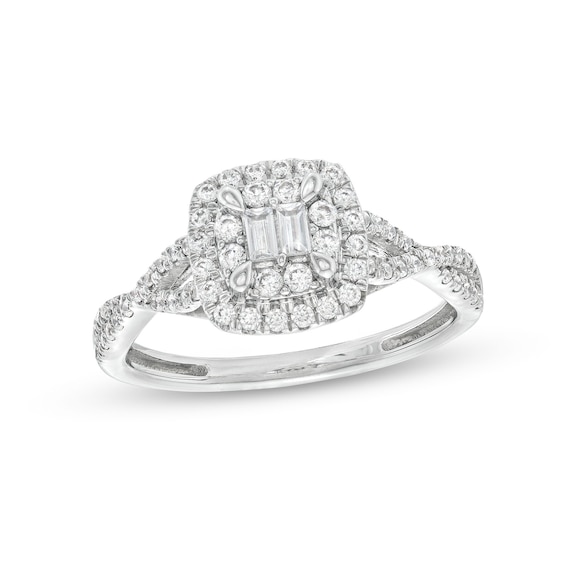 1/2 CT. T.w. Cushion Multi-Diamond Twist Split Shank Ring in 10K White Gold