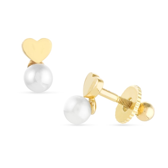 Child's 4.0mm Cultured Freshwater Pearl Heart-Top Stud Earrings in 14K Gold