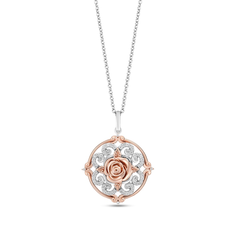 Enchanted Disney Belle 1/5 CT. T.W. Diamond Ornate Medallion Pendant in Sterling Silver and 10K Rose Gold