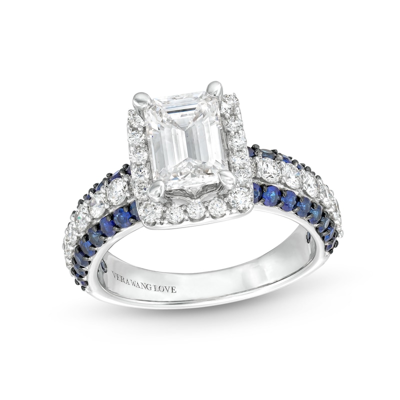 Main Image 1 of TRUE Lab-Grown Diamonds by Vera Wang Love 2-1/4 CT. T.W. Engagement Ring with Blue Sapphire Borders in 14K White Gold