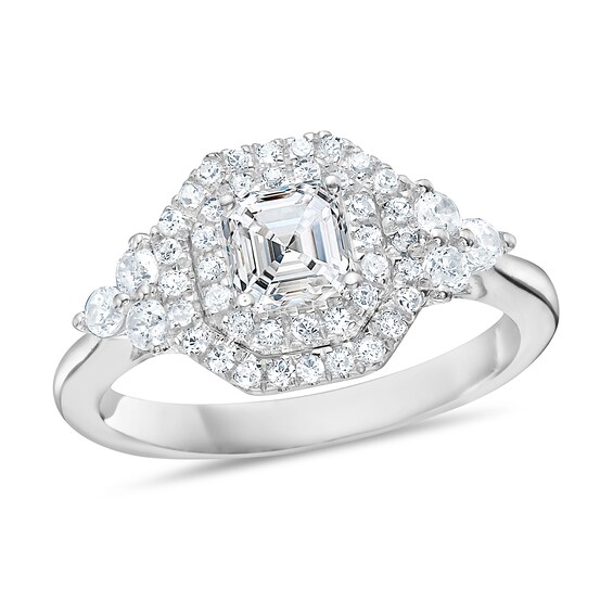 1-1/4 CT. T.w. Asscher-Cut Diamond Double Frame Tri-Sides Engagement Ring in 14K White Gold