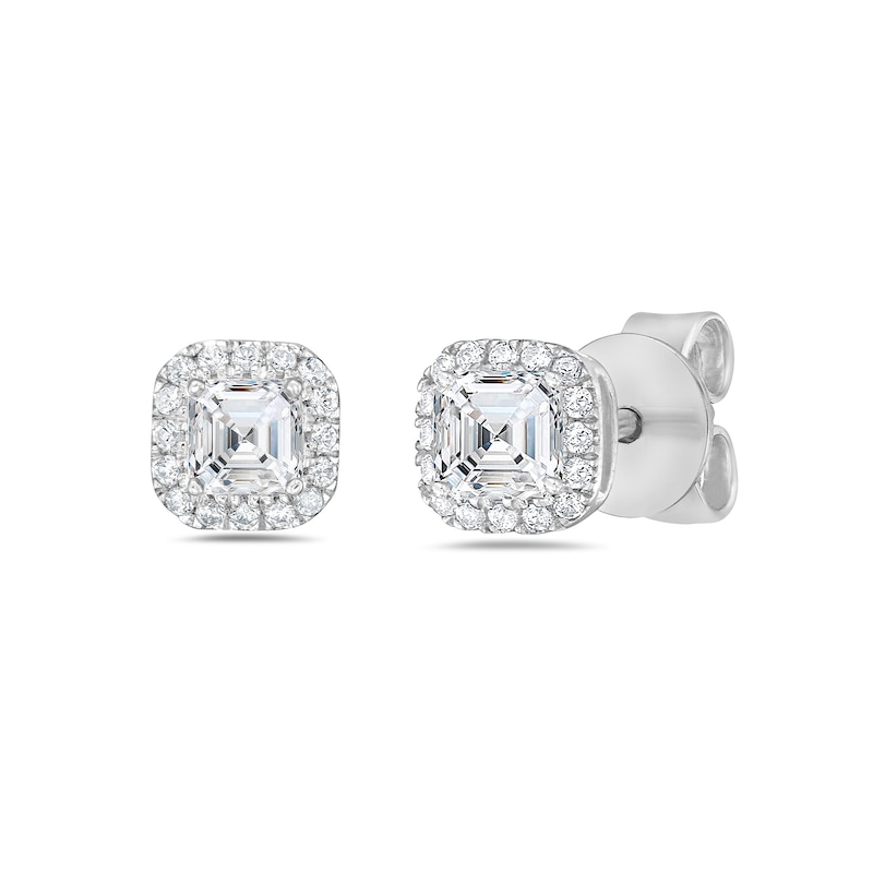 Main Image 1 of 1/2 CT. T.W. Asscher-Cut Diamond Frame Stud Earrings in 14K White Gold