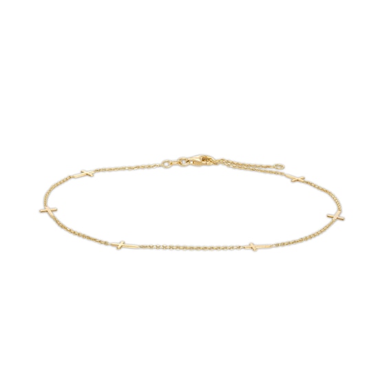 Sideways Cross Station Anklet in 10K Gold - 10"