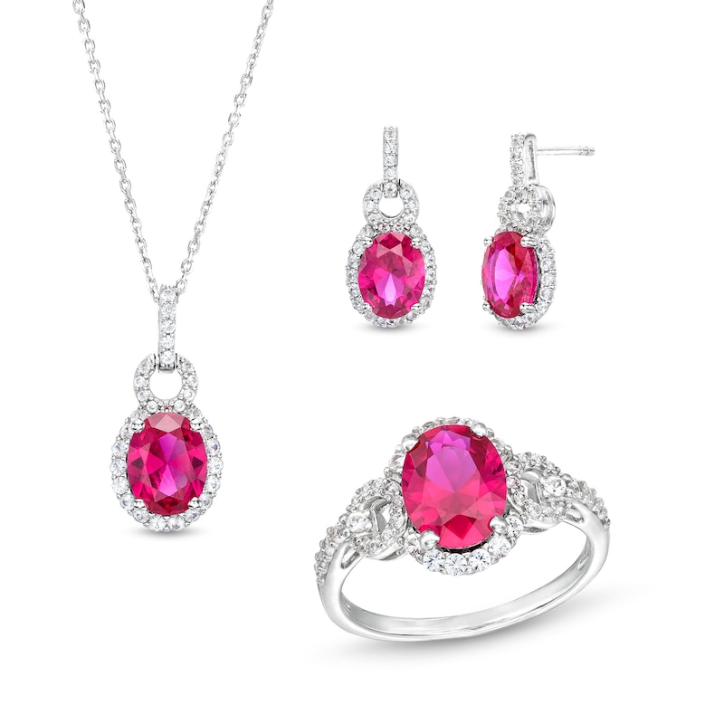 Oval Lab-Created Ruby and White Lab-Created Sapphire Doorknocker Ring, Pendant and Drop Earrings Set in Sterling Silver