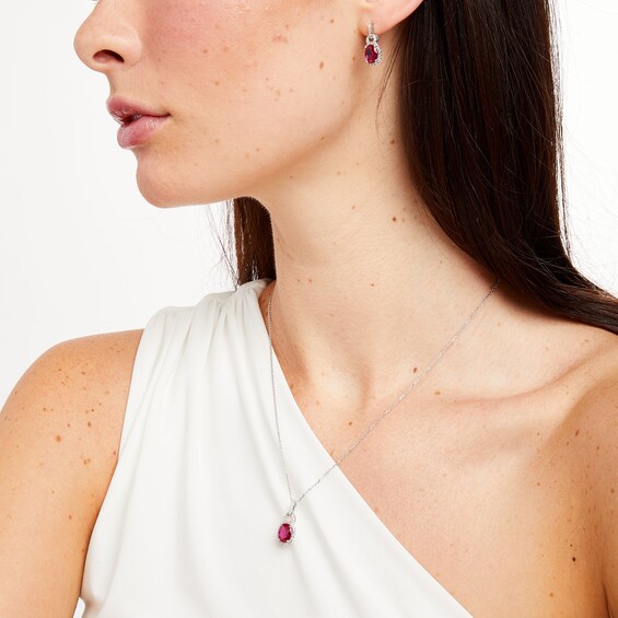 Oval Lab-Created Ruby and White Lab-Created Sapphire Doorknocker Ring, Pendant and Drop Earrings Set in Sterling Silver