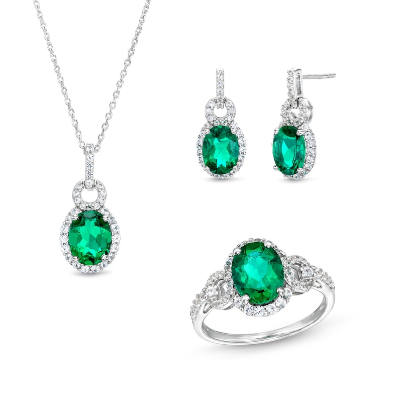 Main Image 1 of Oval Lab-Created Emerald and White Lab-Created Sapphire Doorknocker Ring, Pendant and Earrings Set in Sterling Silver