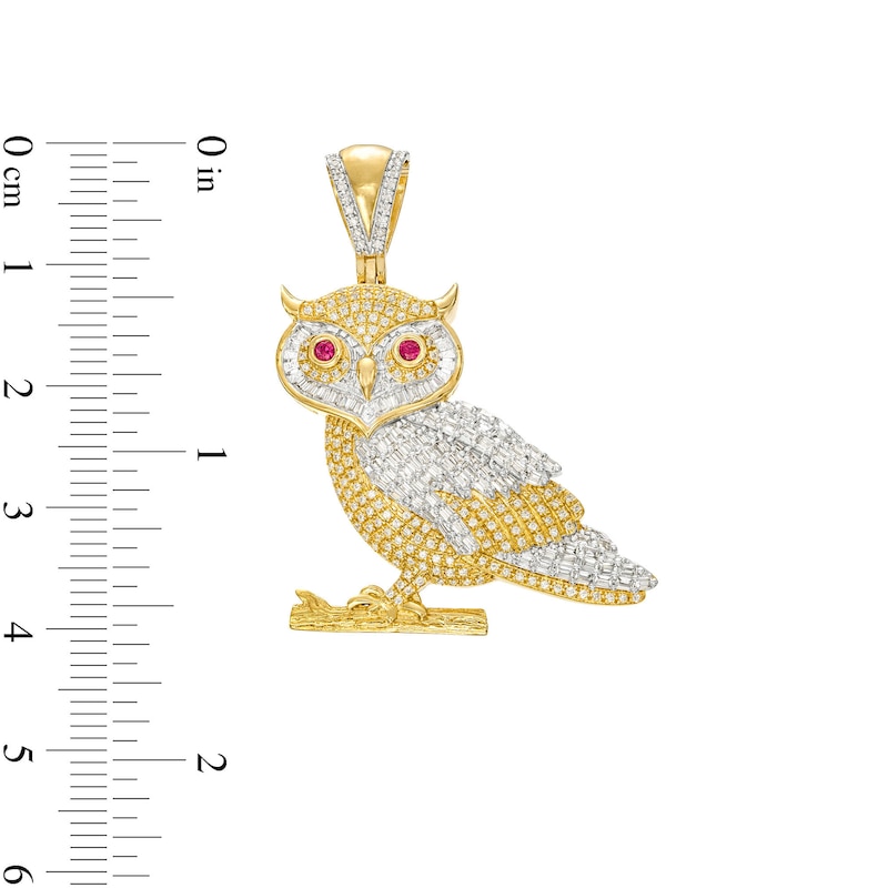 Men's 3/4 CT. T.W. Diamond and Lab-Created Ruby Perched Owl Charm in 10K Gold