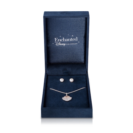 Enchanted Disney Ariel Freshwater Cultured Pearl Stud Earrings and Diamond Seashell Pendant in Sterling Silver