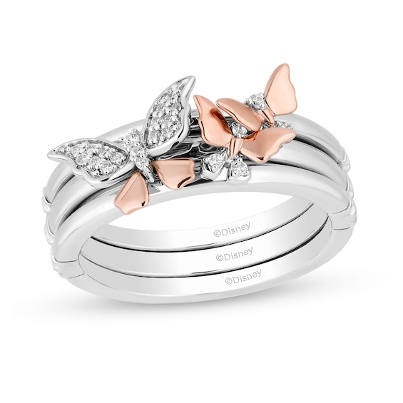 Enchanted Disney Mulan 1/10 CT. T.w. Diamond Butterflies Stacked Ring Set in Sterling Silver and 10K Rose Gold