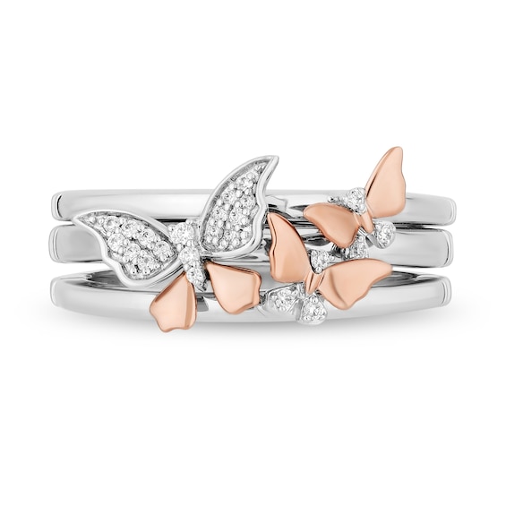 Enchanted Disney Mulan 1/10 CT. T.w. Diamond Butterflies Stacked Ring Set in Sterling Silver and 10K Rose Gold