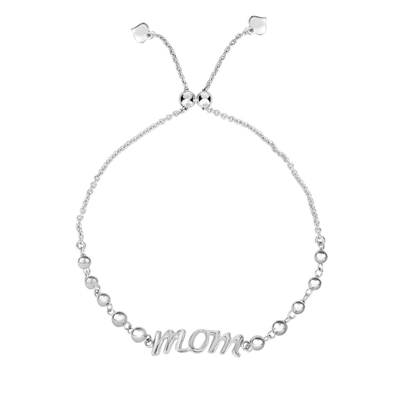 Cursive Mom Bead Bolo Bracelet in Sterling Silver - 9.25"