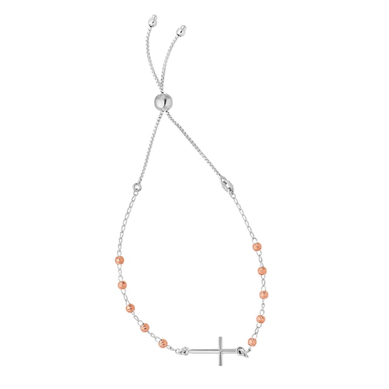 Sideways Cross Rosary-Style Bolo Bracelet in Sterling Silver and Rose Rhodium - 9.25"