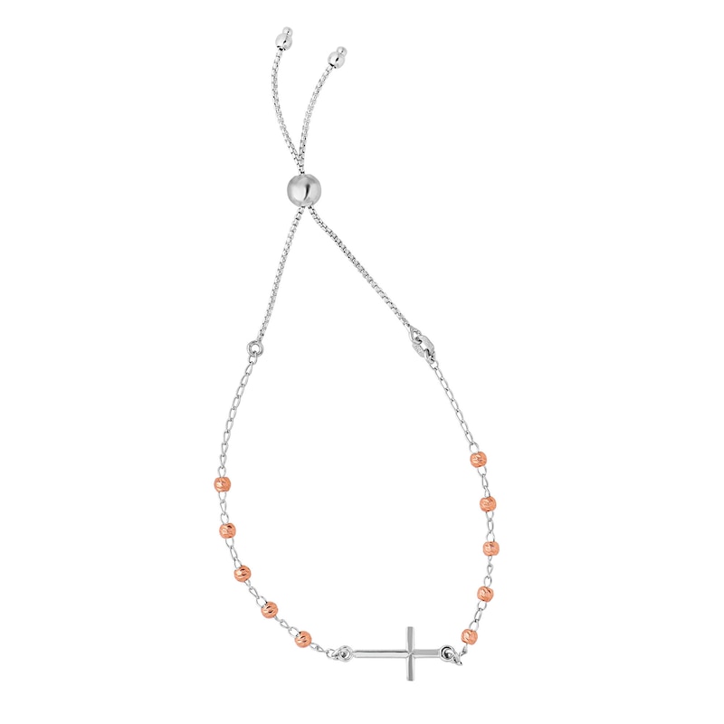 Main Image 1 of Sideways Cross Rosary-Style Bolo Bracelet in Sterling Silver and Rose Rhodium - 9.25"