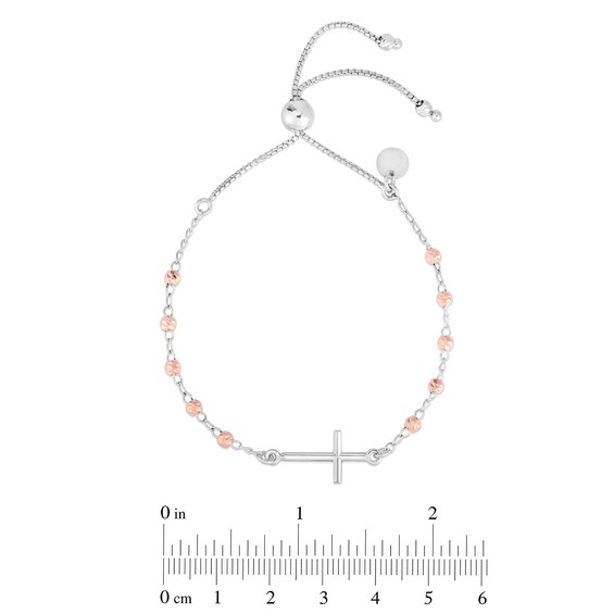 Sideways Cross Rosary-Style Bolo Bracelet in Sterling Silver and Rose Rhodium - 9.25"