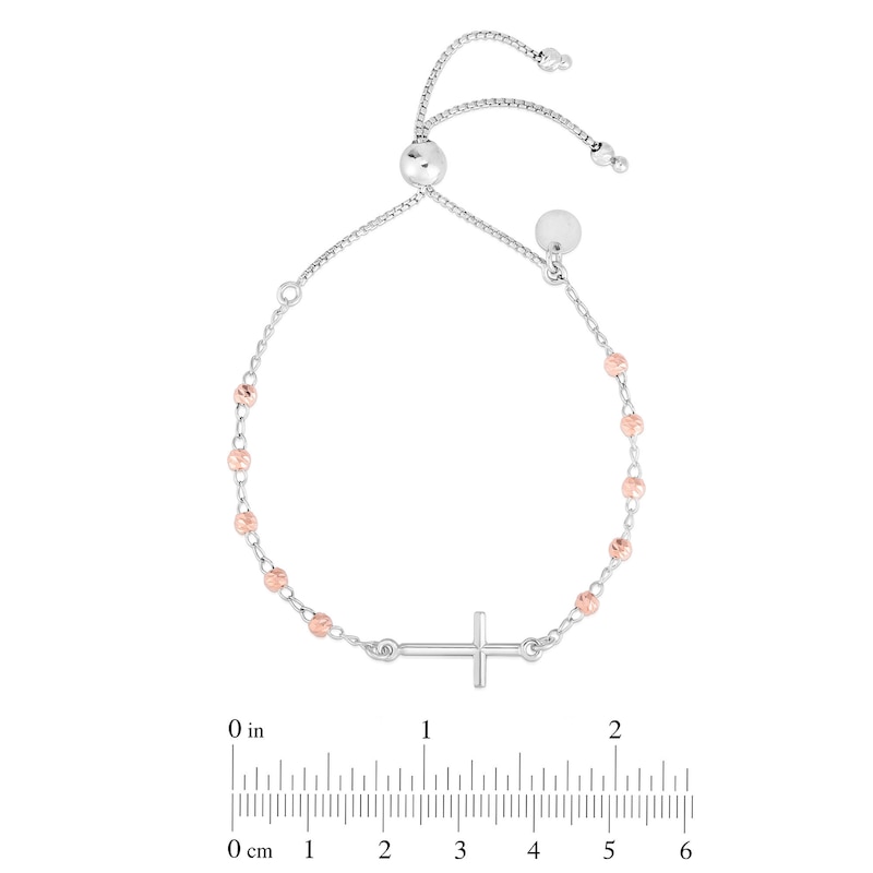Main Image 3 of Sideways Cross Rosary-Style Bolo Bracelet in Sterling Silver and Rose Rhodium - 9.25"