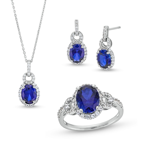 Blue and White Lab-Created Sapphire Doorknocker Pendant, Ring and Drop Earrings Set in Sterling Silver