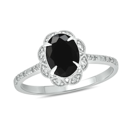 Oval Black Sapphire and 1/6 CT. T.W. Diamond Scallop Frame Ring in 10K White Gold