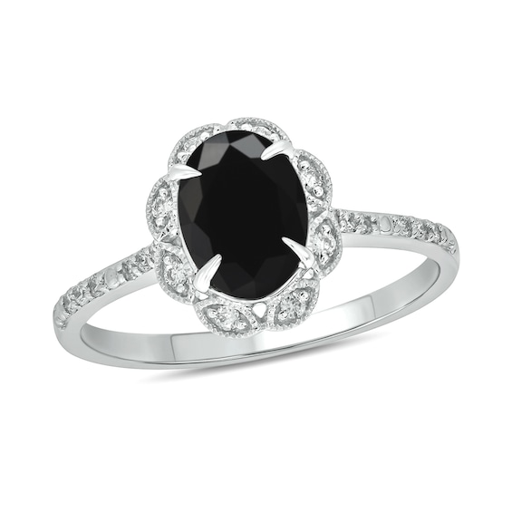 Oval Black Sapphire and 1/6 CT. T.w. Diamond Scallop Frame Ring in 10K White Gold