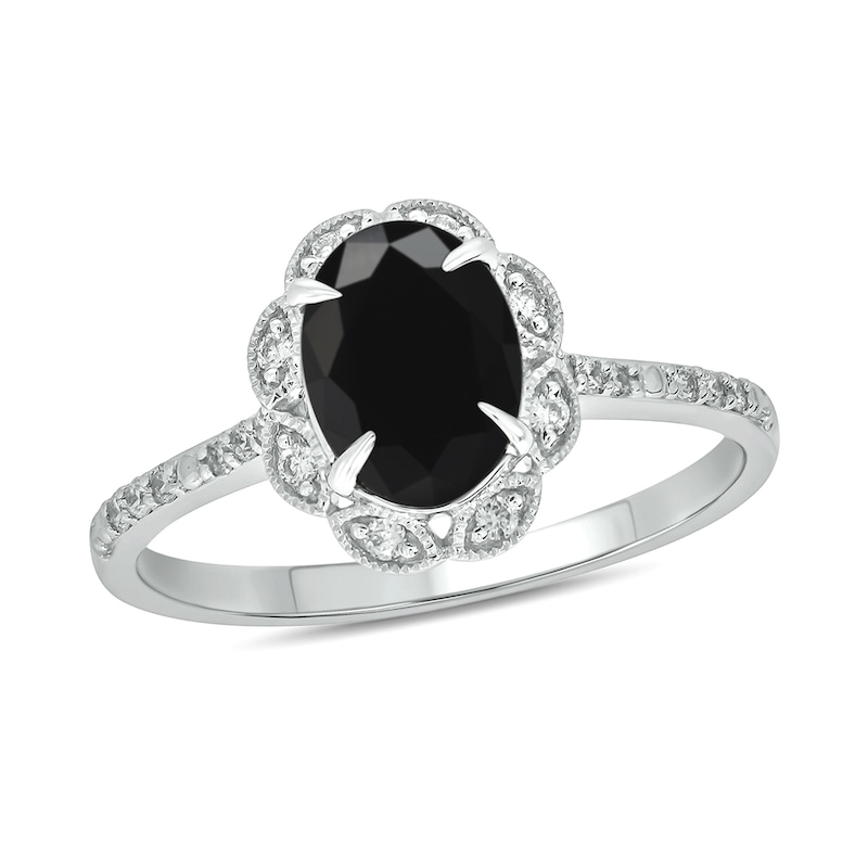 Main Image 1 of Oval Black Sapphire and 1/6 CT. T.W. Diamond Scallop Frame Ring in 10K White Gold