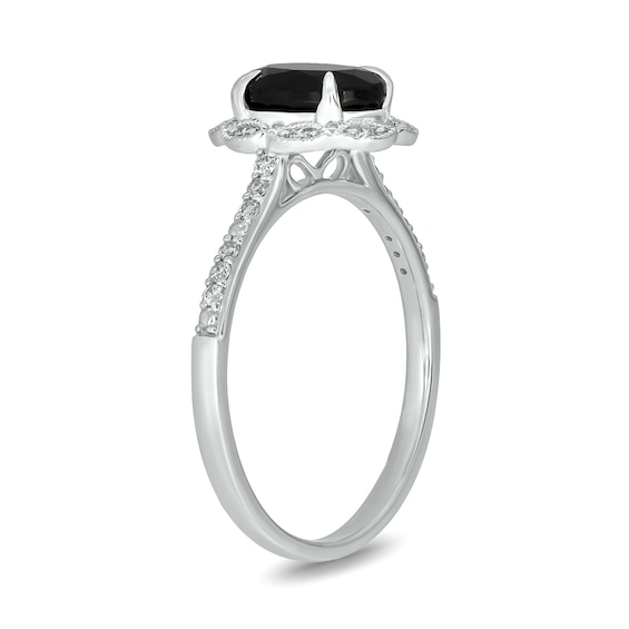 Oval Black Sapphire and 1/6 CT. T.w. Diamond Scallop Frame Ring in 10K White Gold