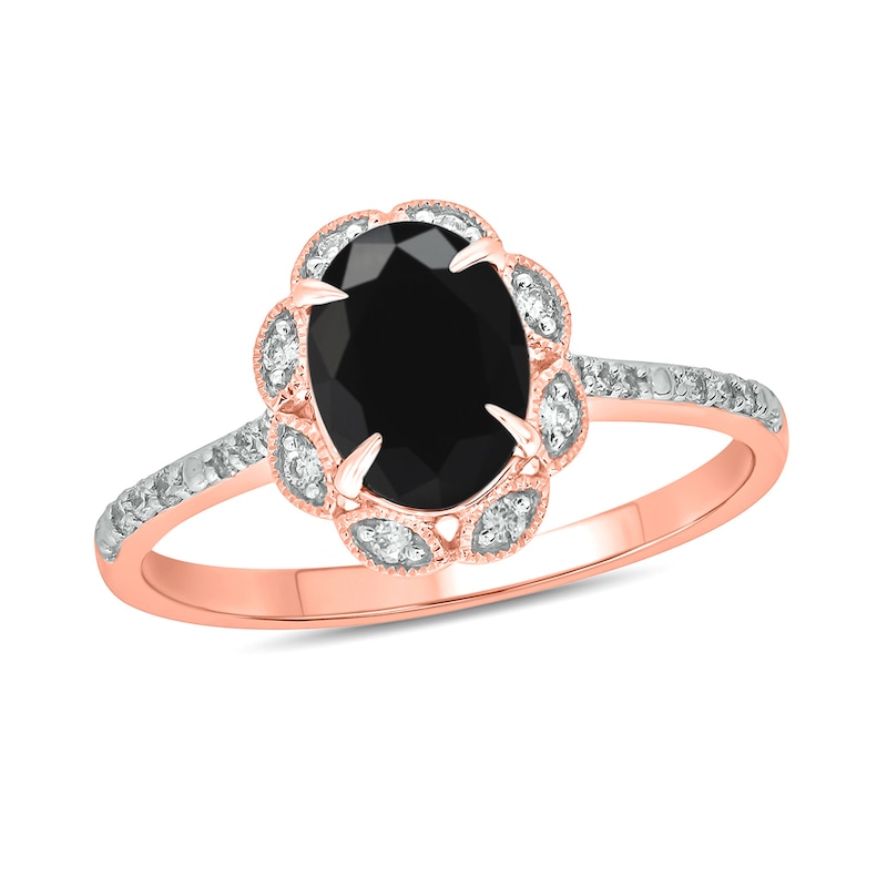 Main Image 1 of Oval Black Sapphire and 1/6 CT. T.W. Diamond Scallop Frame Ring in 10K Rose Gold