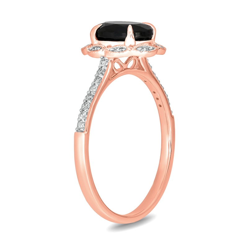 Main Image 2 of Oval Black Sapphire and 1/6 CT. T.W. Diamond Scallop Frame Ring in 10K Rose Gold