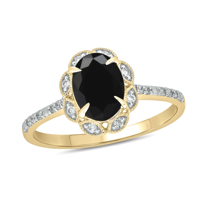 Main Image 1 of Oval Black Sapphire and 1/6 CT. T.W. Diamond Scallop Frame Ring in 10K Gold
