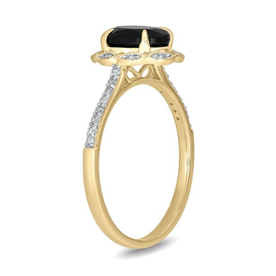 Oval Black Sapphire and 1/6 CT. T.w. Diamond Scallop Frame Ring in 10K Gold