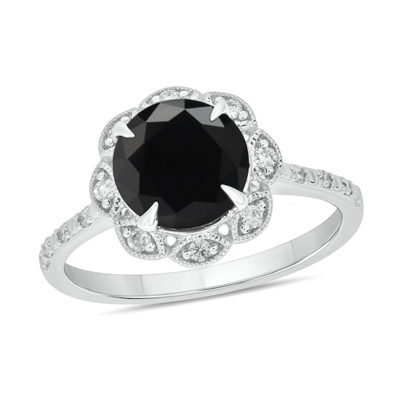 Black Sapphire and 1/6 CT. T.w. Diamond Scallop Frame Ring in 10K White Gold