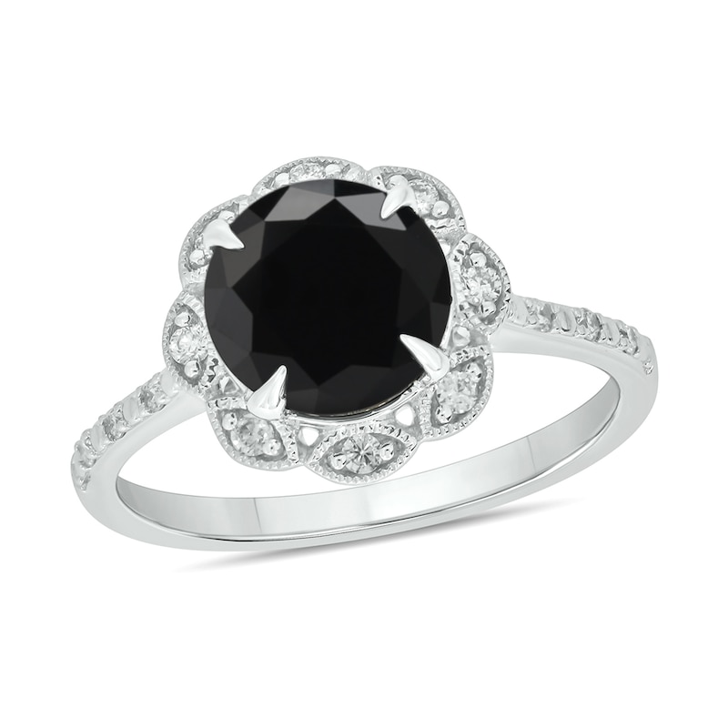 Main Image 1 of Black Sapphire and 1/6 CT. T.W. Diamond Scallop Frame Ring in 10K White Gold
