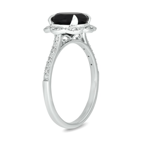 Black Sapphire and 1/6 CT. T.w. Diamond Scallop Frame Ring in 10K White Gold