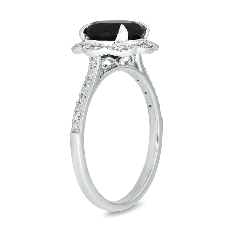 Main Image 2 of Black Sapphire and 1/6 CT. T.W. Diamond Scallop Frame Ring in 10K White Gold