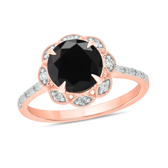 Black Sapphire and 1/6 CT. T.w. Diamond Scallop Frame Ring in 10K Rose Gold