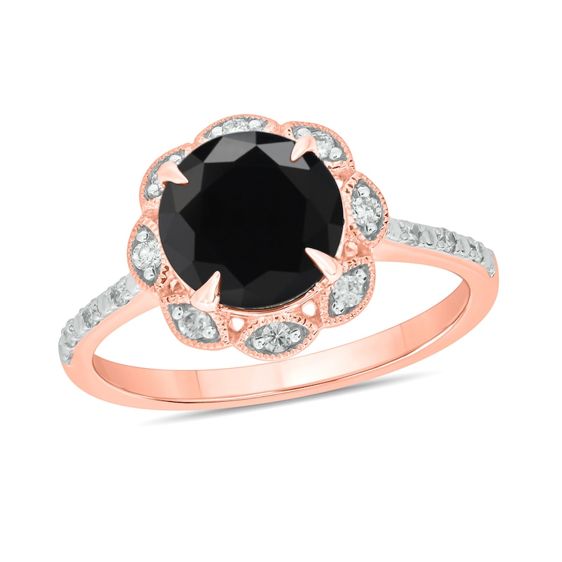 Main Image 1 of Black Sapphire and 1/6 CT. T.W. Diamond Scallop Frame Ring in 10K Rose Gold