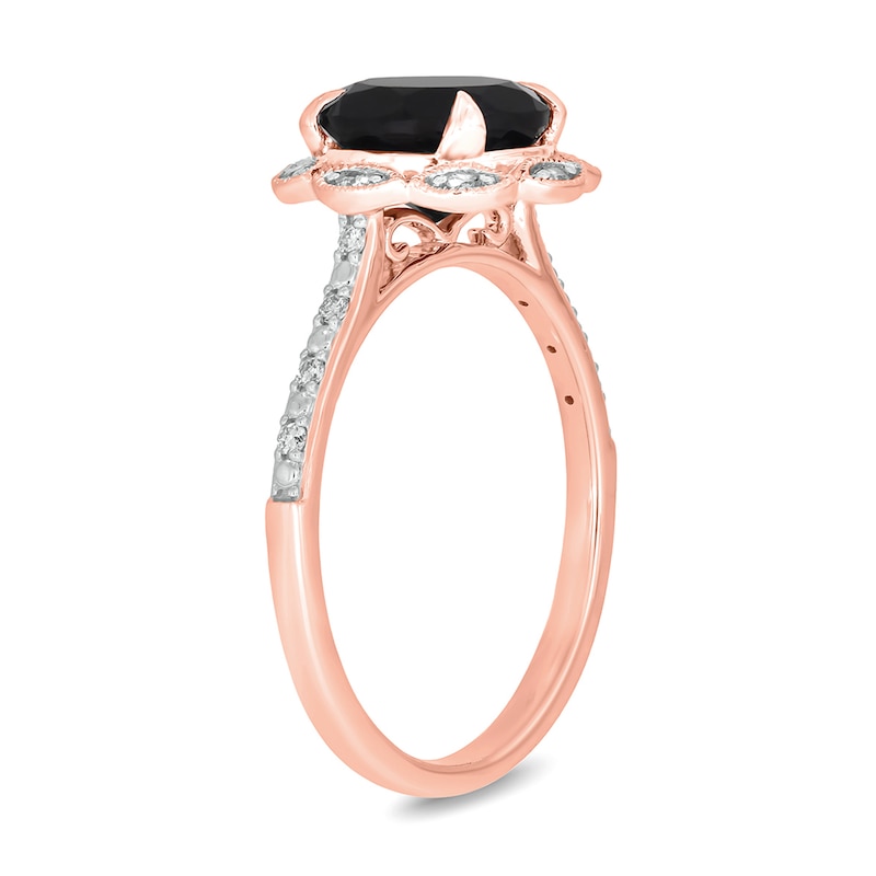 Main Image 2 of Black Sapphire and 1/6 CT. T.W. Diamond Scallop Frame Ring in 10K Rose Gold