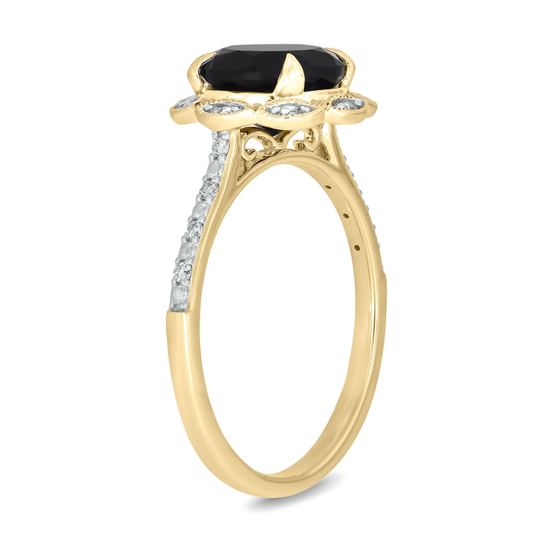 Main Image 2 of Black Sapphire and 1/6 CT. T.W. Diamond Scallop Frame Ring in 10K Gold