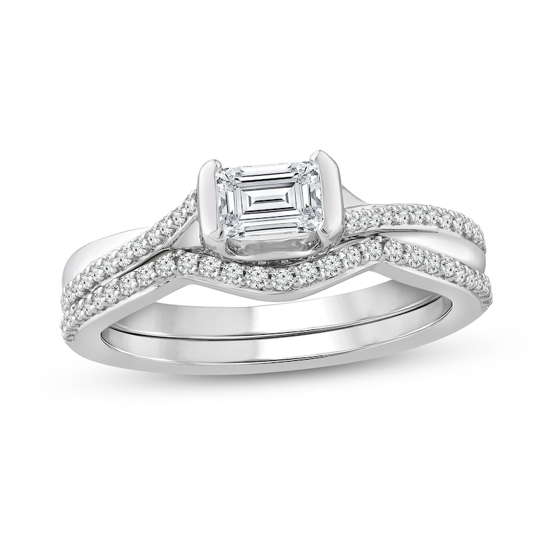 Main Image 1 of 3/4 CT. T.W. Emerald-Cut Diamond Sideways Bridal Set in 10K White Gold